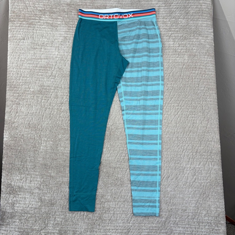 Ortovox 185 Rock'N'Wool Merino Base Layer Pants Womens Large Teal Striped 84164
